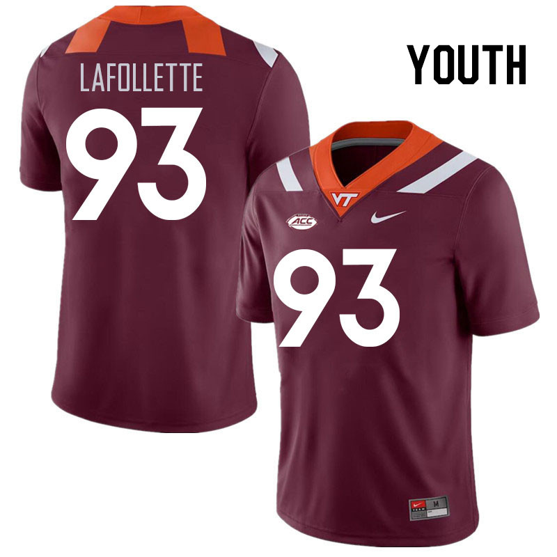 Youth #93 Bryce LaFollette Virginia Tech Hokies College Football Jerseys Stitched Sale-Maroon